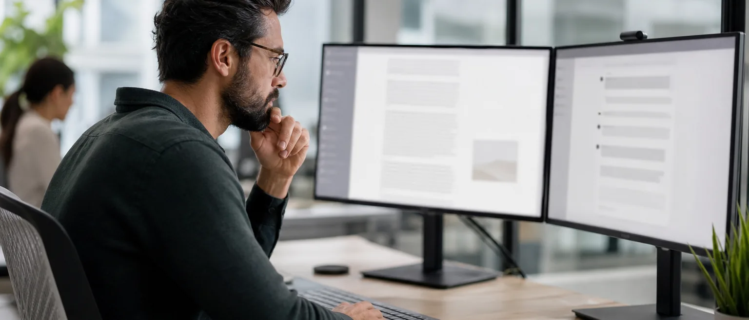 Content strategist rewriting a help article while comparing AI answers on a second screen