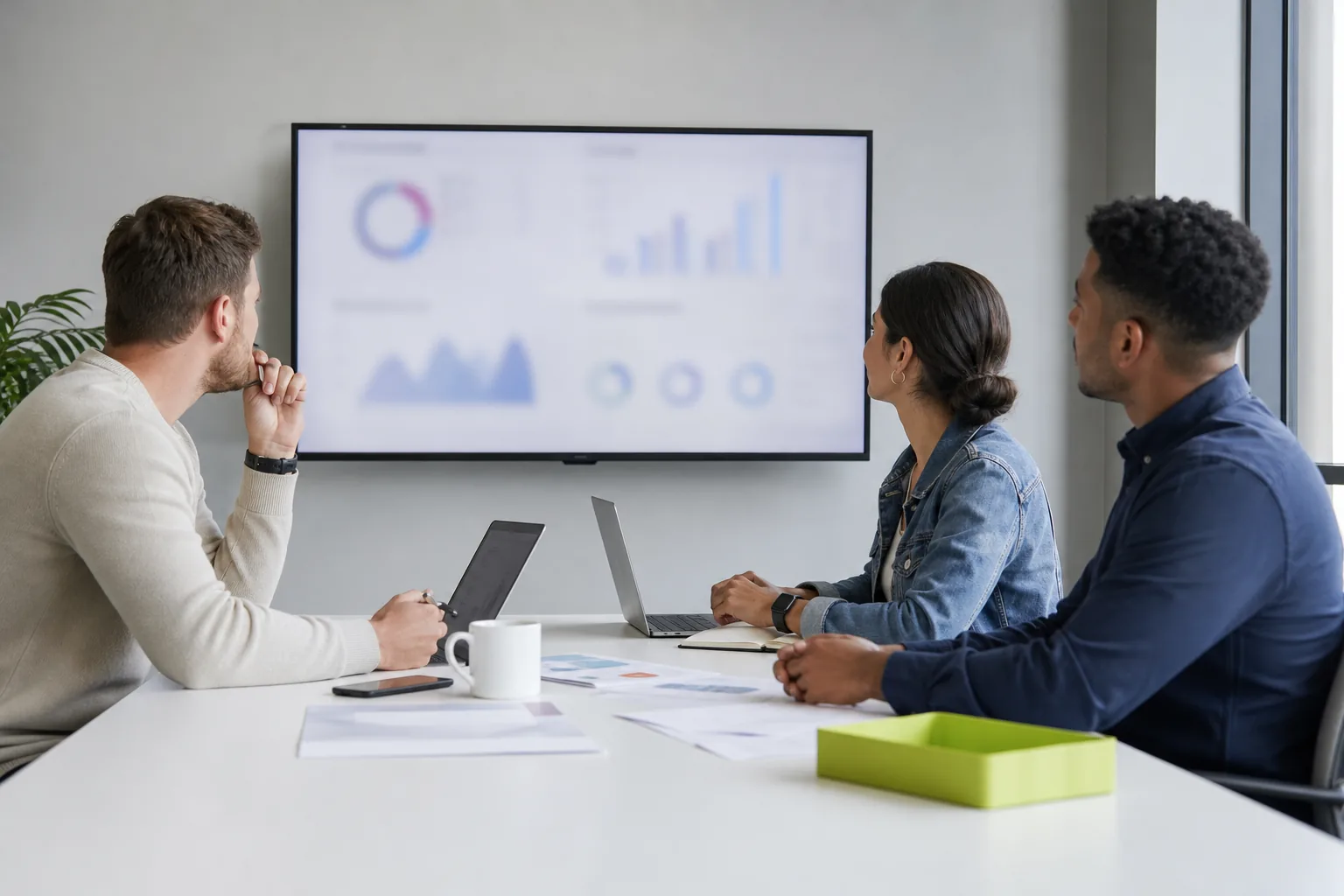 Agency team around a table reviewing a client report with charts on a wall screen