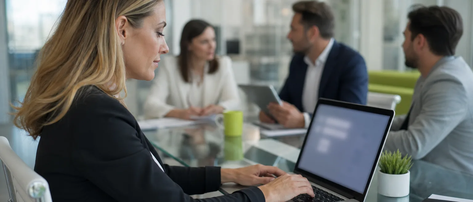 Marketing director asking an AI assistant a question on a laptop in a meeting room