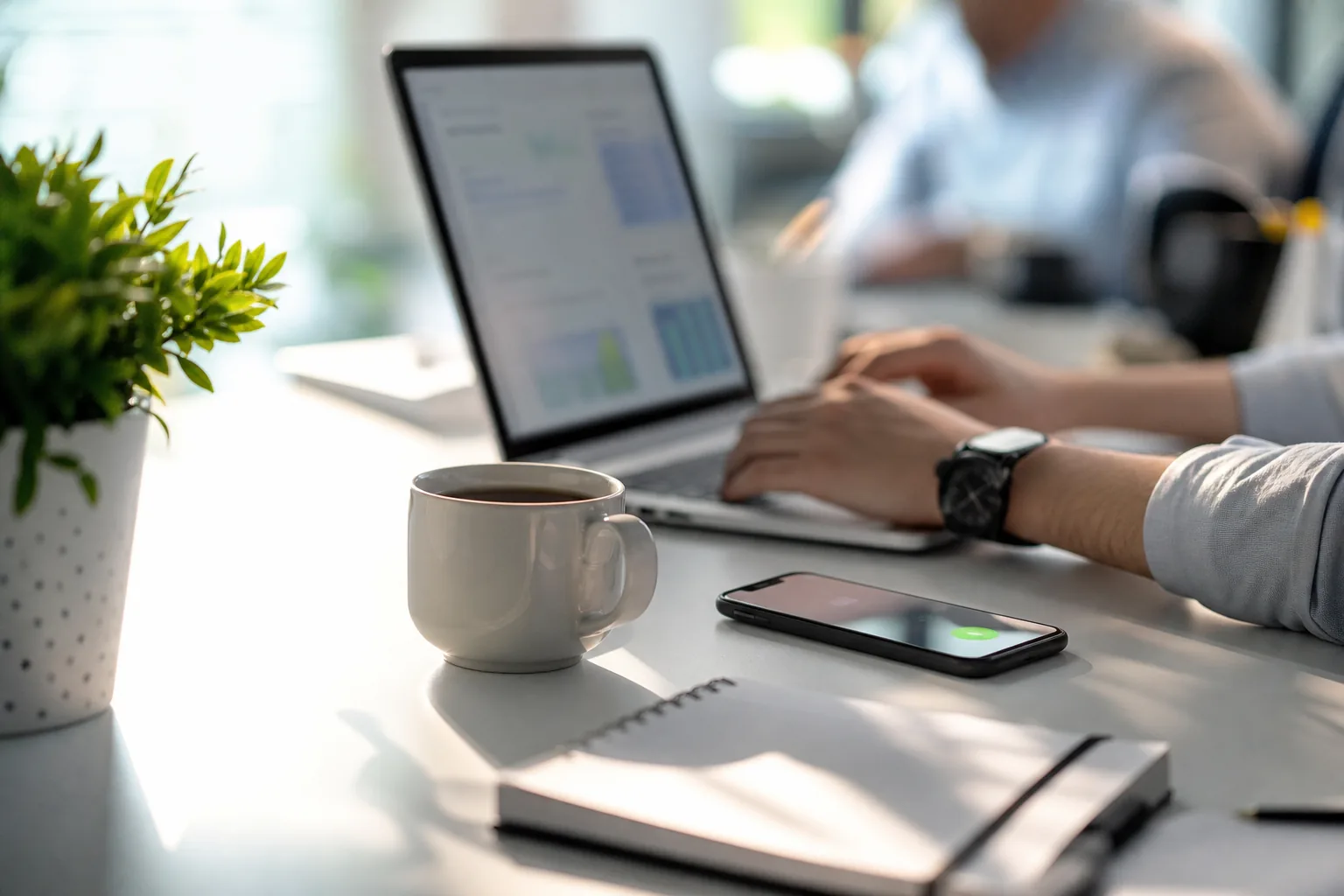 Laptop and phone on a desk showing a morning digest of brand mentions