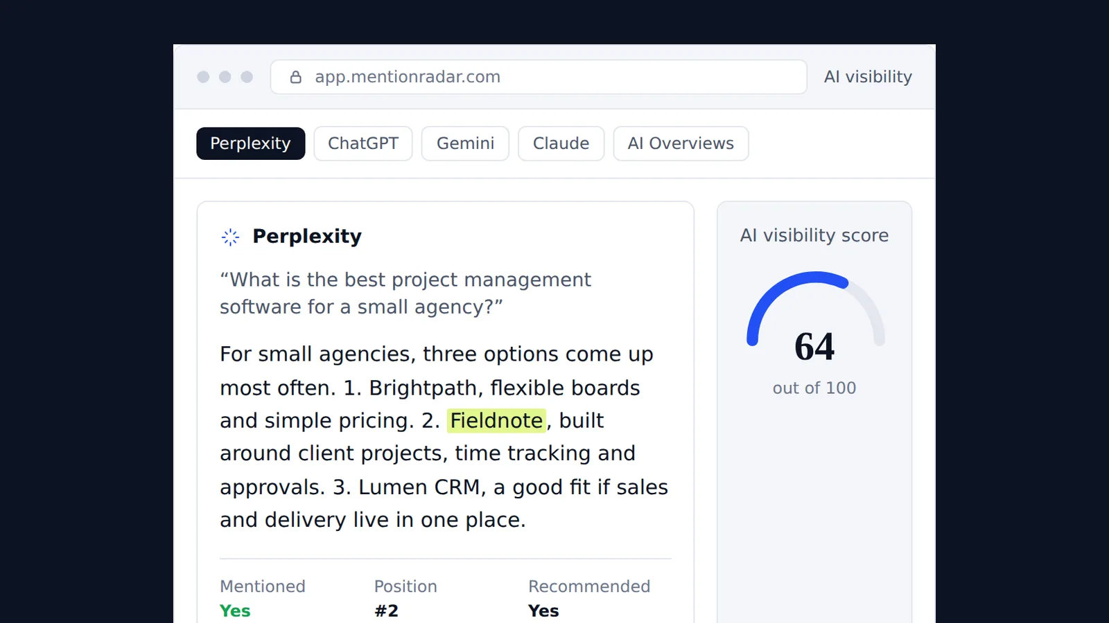 MentionRadar AI answers panel showing a ChatGPT answer with the brand highlighted