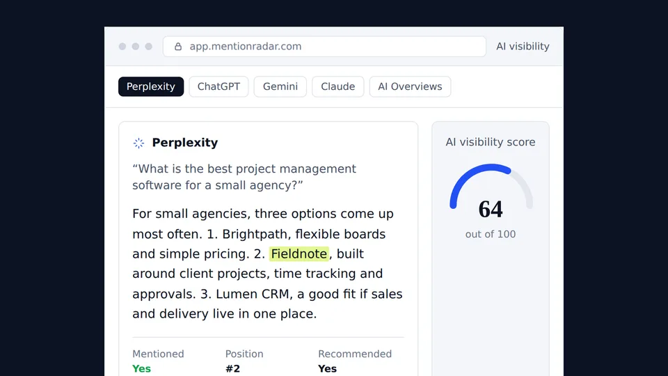 MentionRadar AI answers panel showing a ChatGPT answer with the brand highlighted