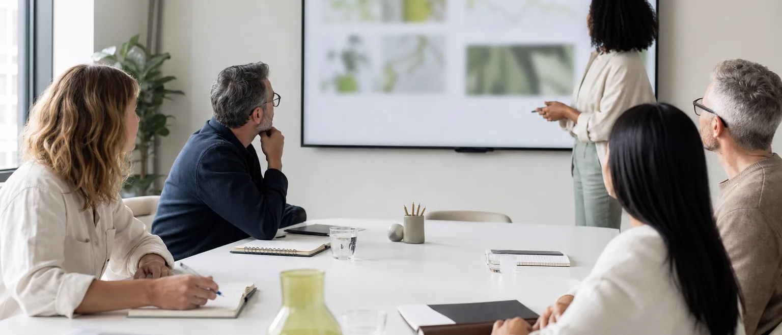 Brand team reviewing a monthly brand health chart in a meeting