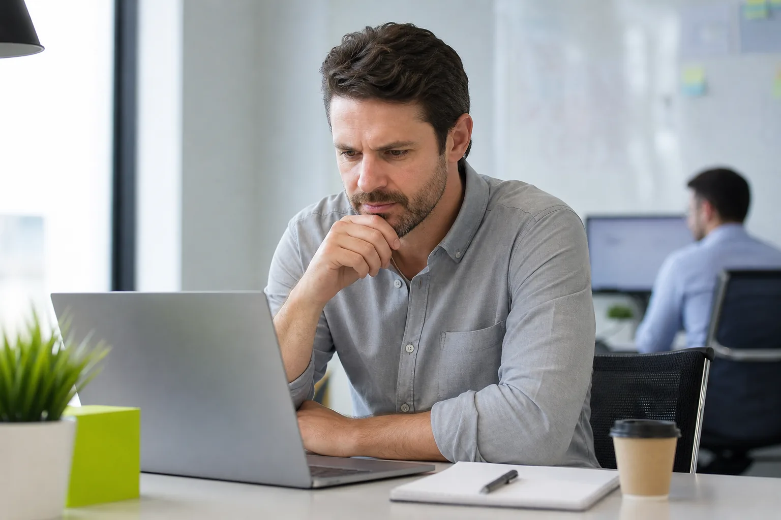 Sales lead at an office desk reading a long AI chat answer about vendors on a laptop