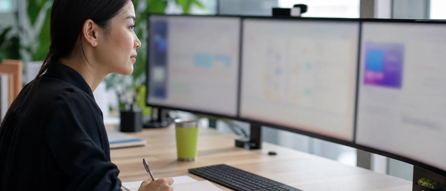Product marketer comparing competitor websites side by side on a large monitor