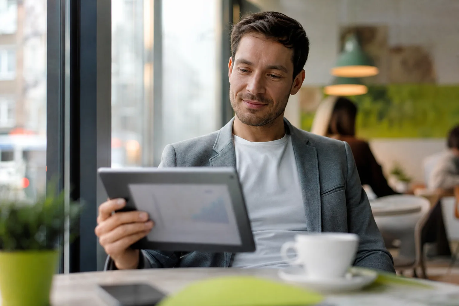 Founder by a cafe window reading a weekly brand report on a tablet