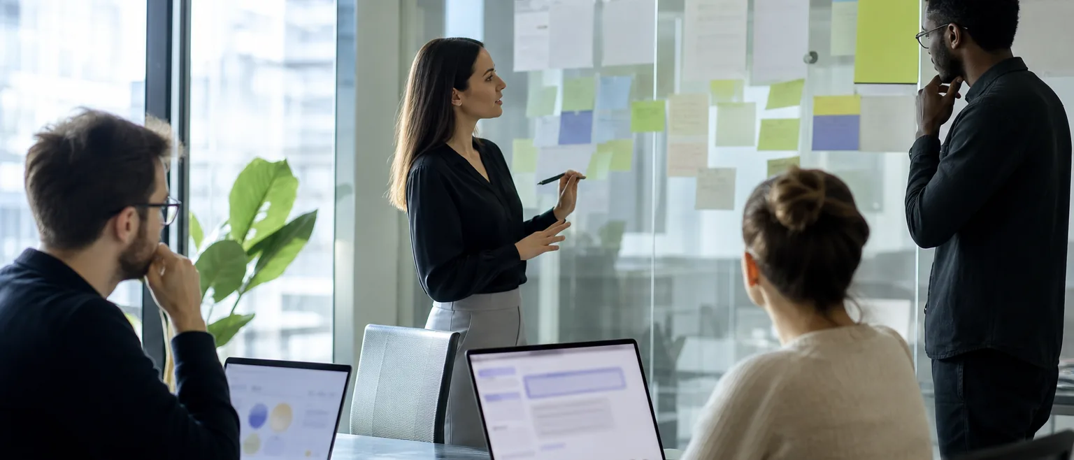 SEO team planning content on a whiteboard next to a laptop showing an AI answer