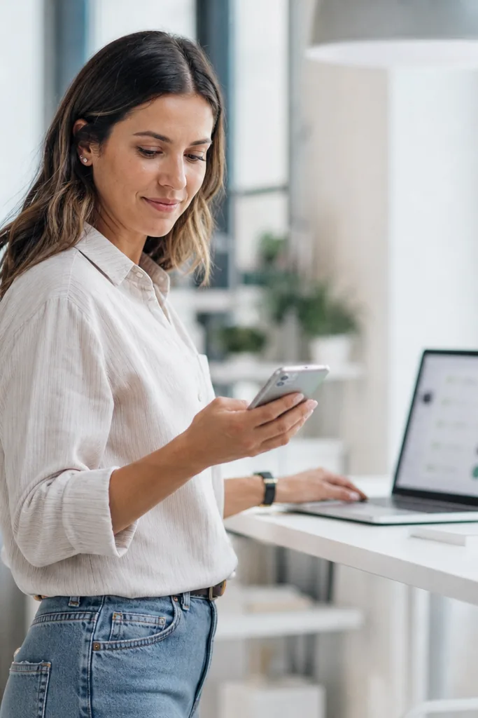 Brand manager at a standing desk checking a new mention alert on her phone next to a laptop