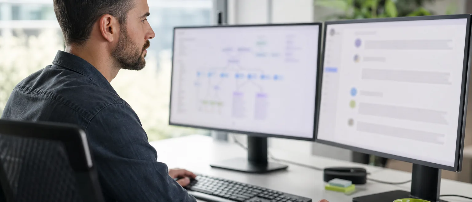 Technical SEO lead reviewing site pages and AI citations on two monitors