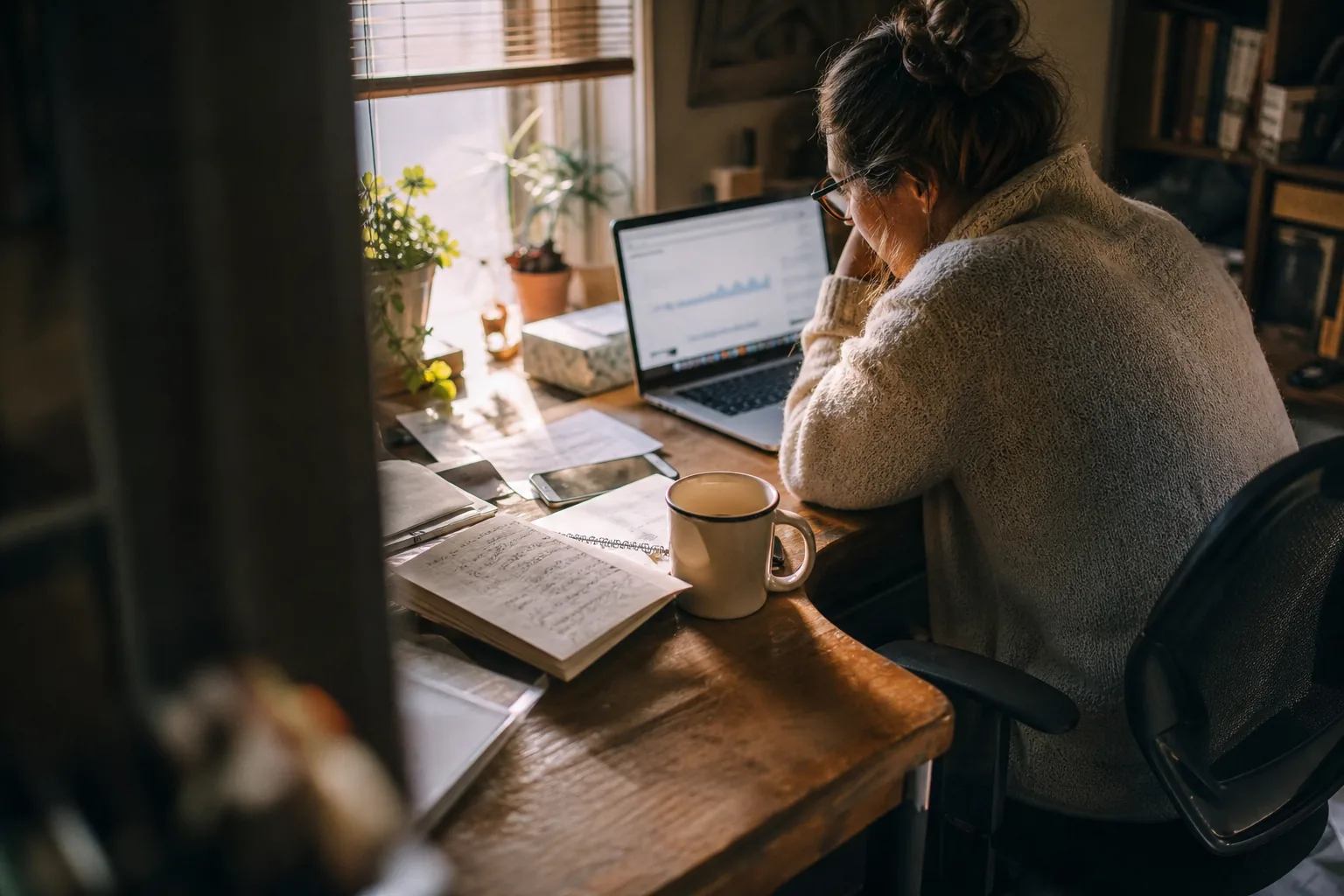 SEO consultant at a home office desk weighing tool costs in a notebook beside her laptop