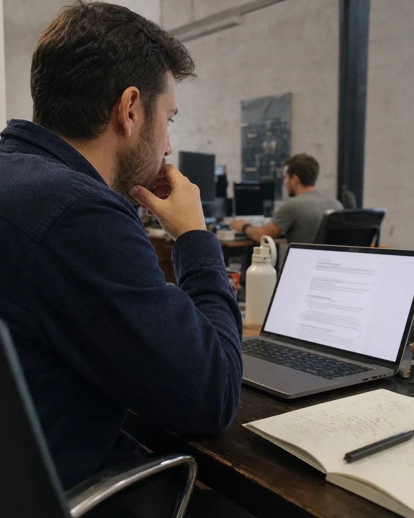 SEO manager reviewing an AI search answer with source citations on a laptop