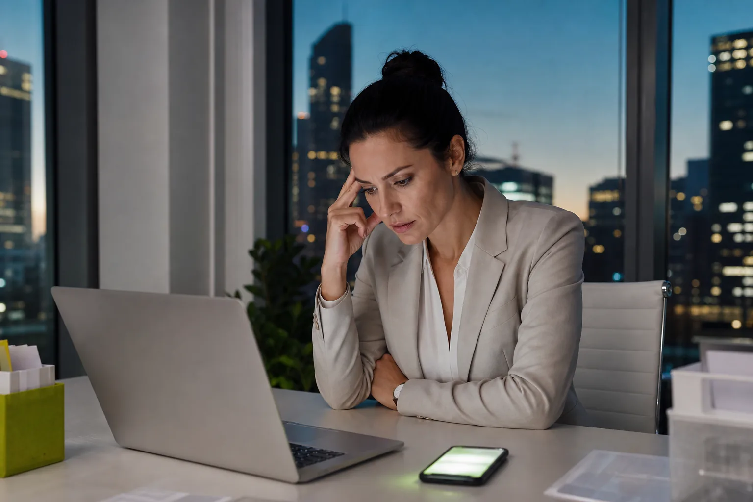 PR manager at dusk reacting to a brand alert on a laptop while her phone lights up