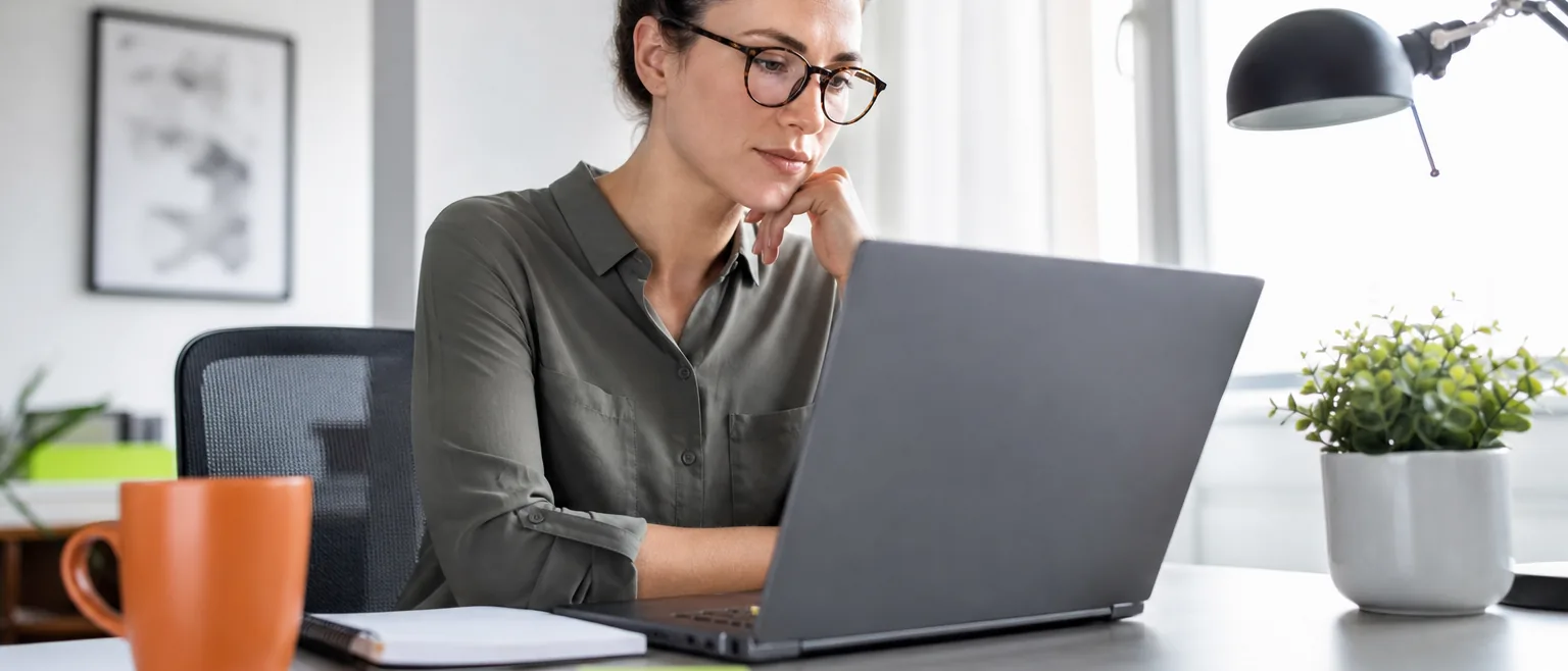Community manager reading a busy discussion thread on a laptop at home office