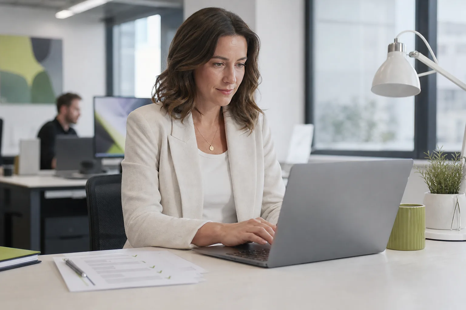 Marketing lead typing brand and competitor names into a laptop in a bright office