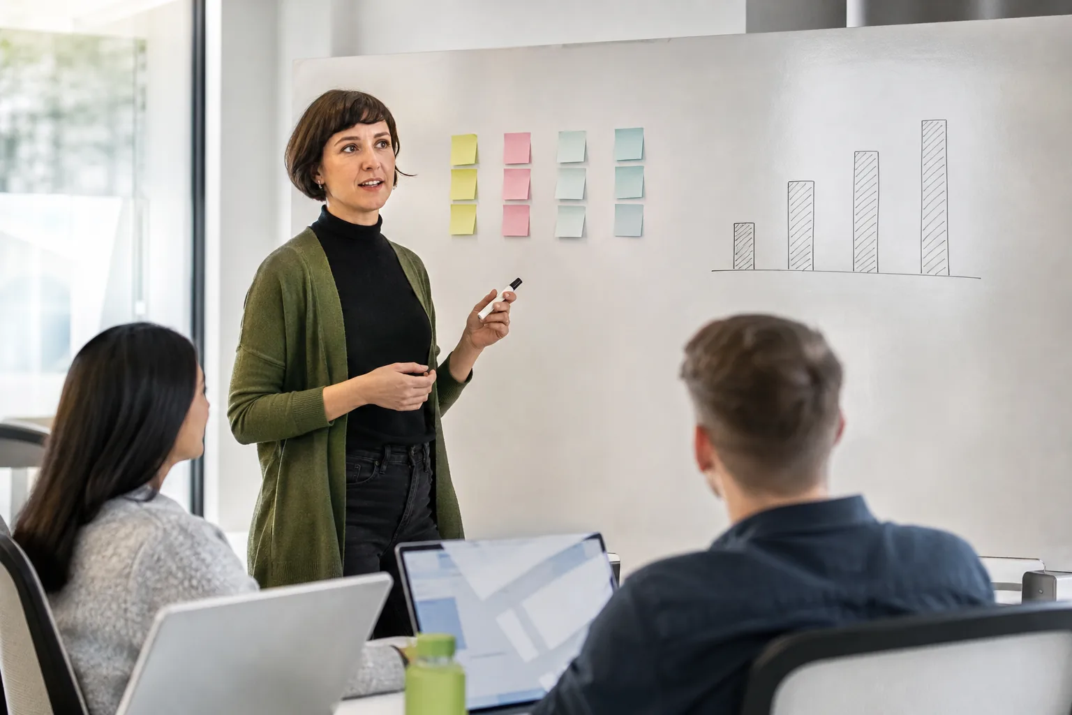 Product marketer at a whiteboard grouping competitor notes next to a hand drawn bar chart