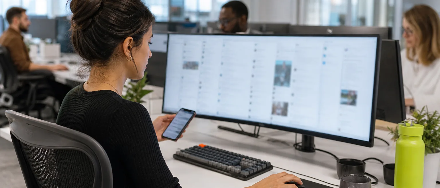 Social media manager scrolling a feed of brand mentions on a large monitor