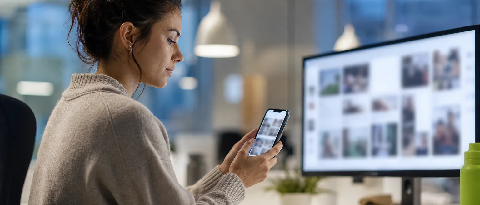 Social media manager watching a live stream of short posts on a phone and monitor